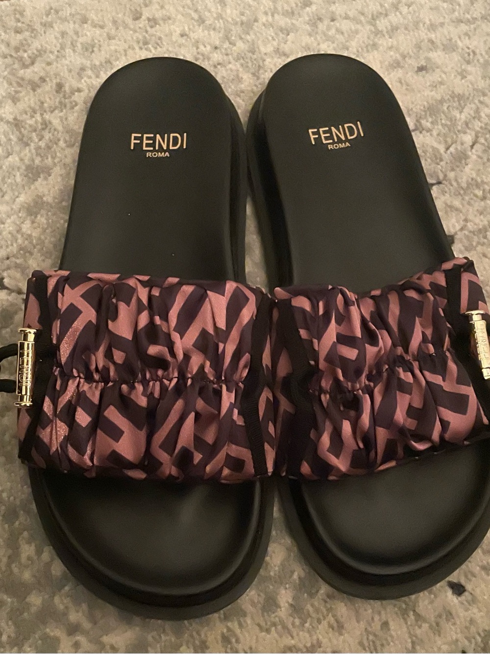 Fendi Black Slides with Pink Ruched Logo Strap